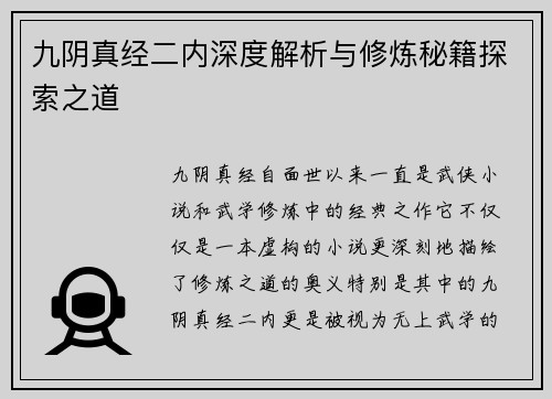 九阴真经二内深度解析与修炼秘籍探索之道 九阴真经二内深度解析与修炼秘籍探索之道